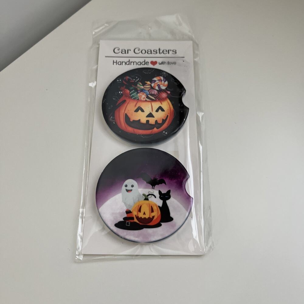 Custom Heat Printed Car Coasters Halloween Fall Designs Set Of 2